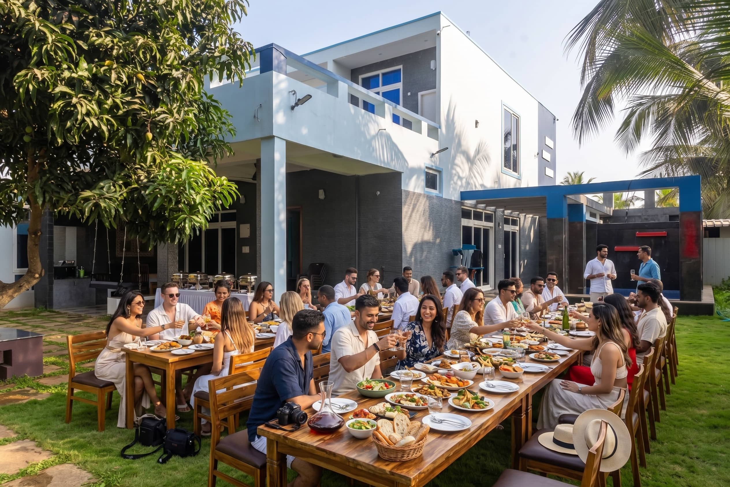 A large group enjoys an outdoor feast at long wooden tables beside a modern villa.