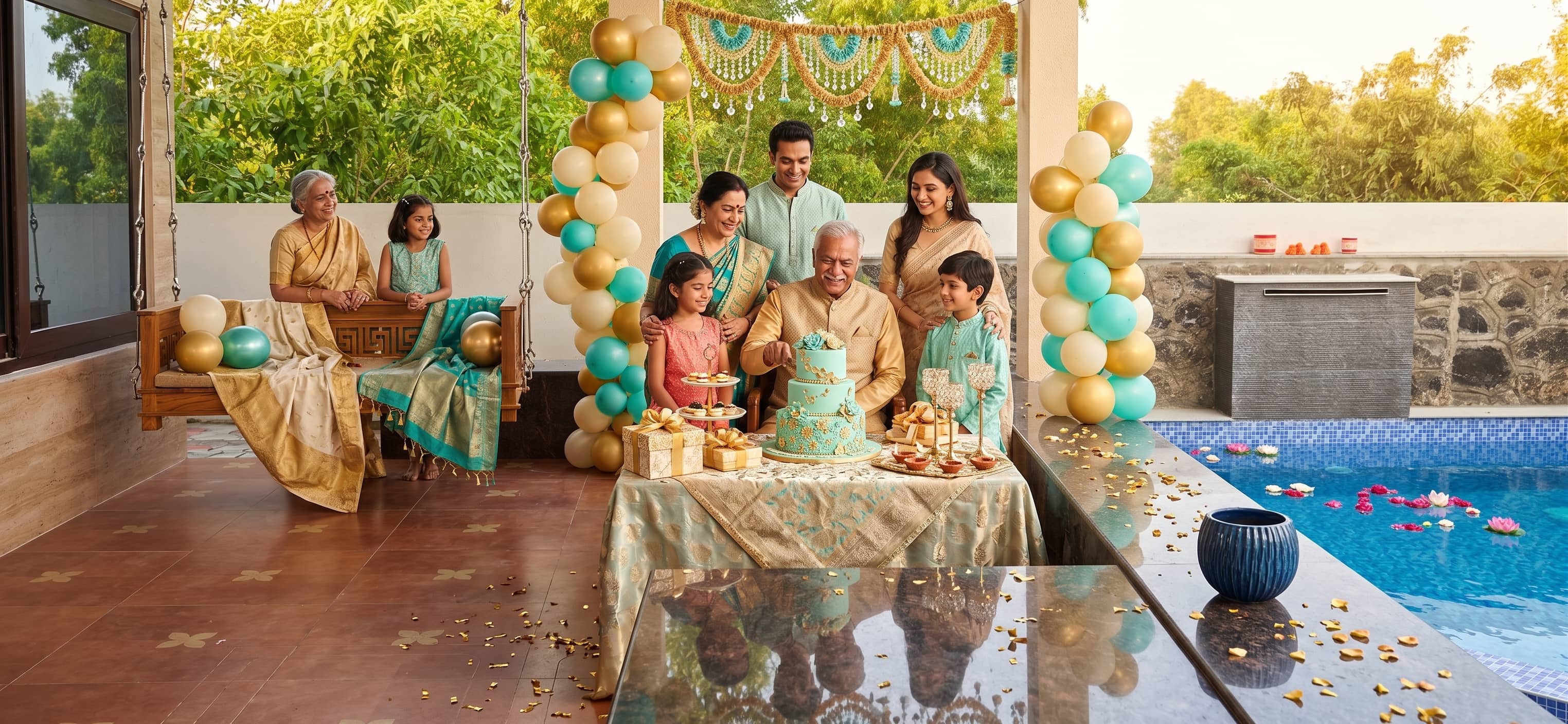 A multi-generational Indian family celebrating a birthday on a luxury poolside villa terrace.
